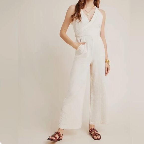 Anthropologie Cream Demi Textured Jumpsuit Sz 12 - Picture 1 of 14